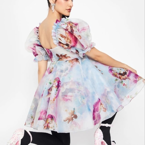 Blue and Purple Floral Midi Dress with Ruffled High Collar - Picture 6 of 7